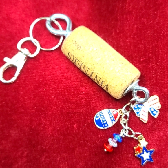 PATRIOTIC Wine Cork Key Chain - Purse Charm - Upcycled - Picture 1 of 4